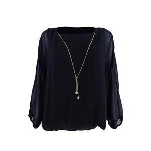 MSK Black Semi Sheer Chiffon Batwing Sleeve Blouse with Gold Rhinestone Chain
